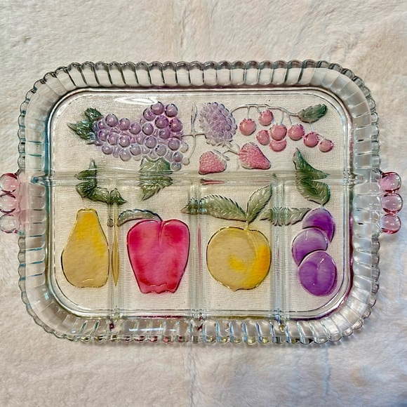 Vintage Pressed Indiana Glass 5-Section Fruit Design Relish Tray Serving Platter - Picture 3 of 13